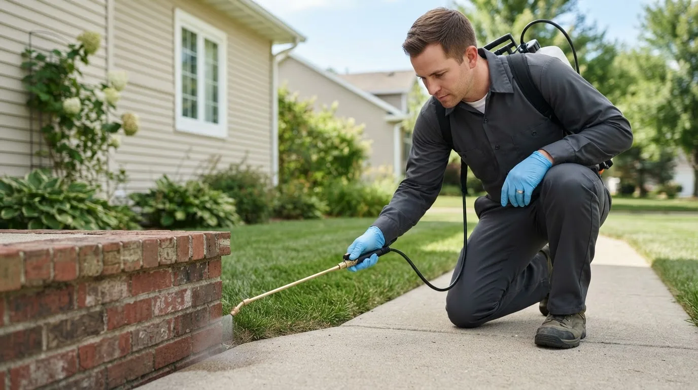 Pest control technician treating a home near Healy, AK